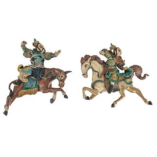 (2 Pc) Antique Chinese Wucai Glaze Terracotta Warriors