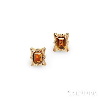 Retro 14kt Gold, Citrine, and Diamond Earclips