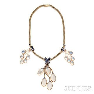 Retro 14kt Gold, Moonstone, and Sapphire Necklace