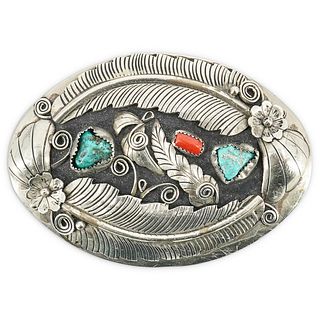 Sterling Belt Buckle With Turquoise And Coral Insets