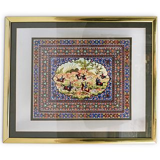 Framed Persian Hunting Scene Painting