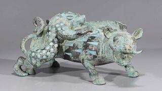 Chinese Enameled Bronze Boar & Cheetah Statue