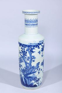 Tall Chinese Blue & White Rouleau Vase