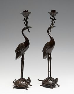 Candlesticks in the form of cranes on turtles. Japan, early 20th century. 
Bronze.