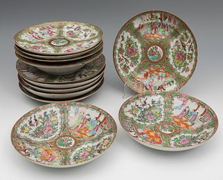 Fourteen Pink Family style dishes; Canton, late nineteenth century. 
Enameled porcelain.