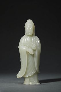 QianLong Carved White Jade Guanyin Statue
