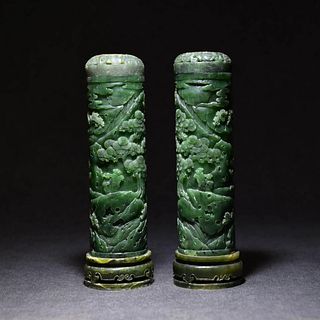 Qing Dynasty, A Pair of Carved Jade Joss Stick Holders