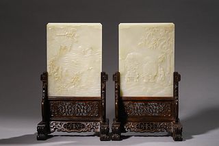 QianLong, Pair of Carved White Jade Table Screen

