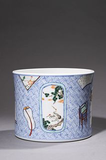 Qing Dynasty: Wucai with Poem Brush Pot
