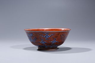 Chenghua, Ming Dynasty: Red Glazed Blue and White Dragon and Phoenix Bowl