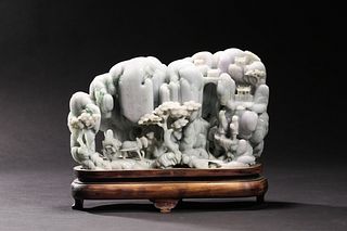 Qing Dynasty: A Jadeite Jade Mountain and Carved Figure and Poem