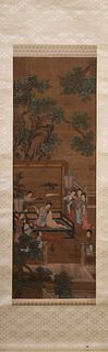 Qiu Ying mark: A Chinese Painting on Silk depicting People and Landscape