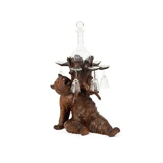 Swiss Black Forest Bear Decanter and Glasses Stand
