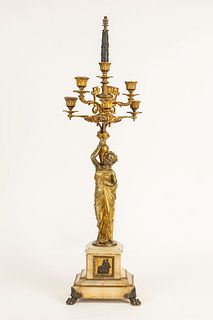 GILT BRONZE AND WHITE MARBLE SIX-ARM CANDELSTICK