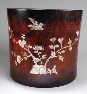A Large Chinese Wooden Brushpot with Mother Pearl