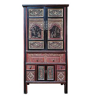 Antique Carved Wood Lacquer Gilt Storage Cabinet