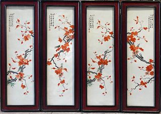 Four Panels of Chinese Hardwood Framed Porcelain P