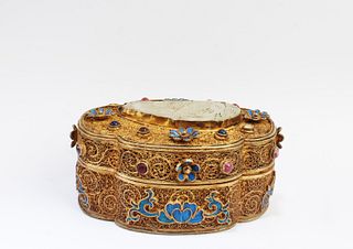 Chinese Gilt Silver, White Jade and Stone Covered