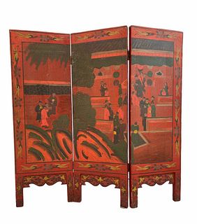 A Three Panel Red Lacquer Table Screen