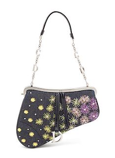 * A Christian Dior Mini Denim Embellished Saddle Handbag, 7" x 5.5" x 1.25".
