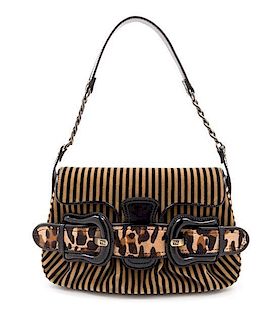 * A Fendi Black and Tan Velvet Striped Handbag, 13" x 8.5" x 2.5".