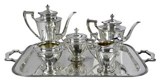 Six Piece Whiting Sterling Tea Service, Silver Plate Tray