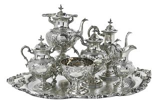 Seven Piece Sterling Tea Service with Silver Plate Tray
