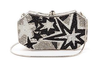 A Judith Leiber Black and Silver Crystal Minaudiere, 6.5" x 3.75" x 1.75".