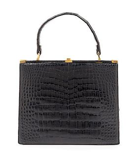 A Lucille de Paris Black Crocodile Handbag, 10"x 8.5" x 2.5".