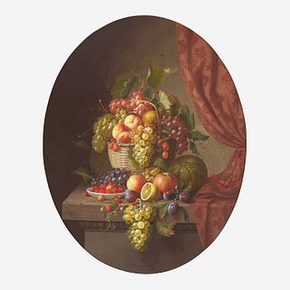 Paul LaCroix (American, 1827–1869) Still Life with Basket of Fruit on a Marble Ledge with Crimson Curtain