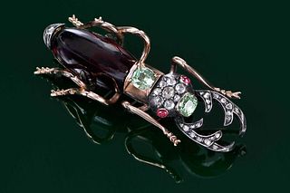 Antique Russian 14kt. and Gemstone Stag Beetle Brooch