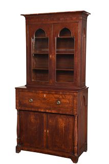 Fine American Classical Gothic Burlwood Bookcase Cabinet