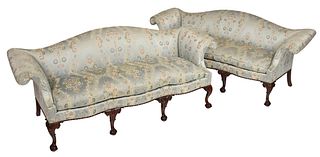 Pair of Kittinger Chippendale Style Silk Upholstered Sofas