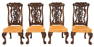 Set of Four Baroque Style Carved Walnut Dining Chairs