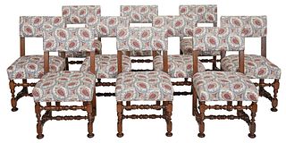 Set Ten William and Mary Style Walnut Upholstered Chairs