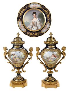 Pair of Sevres Bronze Mounted Covered Porcelain Urns