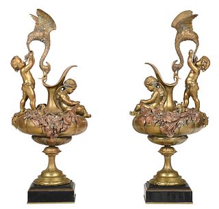 Pair of Louis XVI Style Figural Bronze Ewers