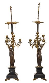 Pair of Bronze Figural Candelabra Lamps