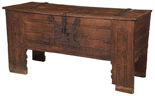 Rare Gothic Carved Oak and Iron Mounted Coffer