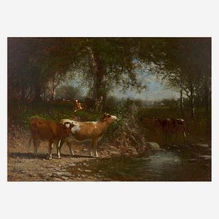 James M. Hart (American, 1828-1901) Cows Drinking by a Stream