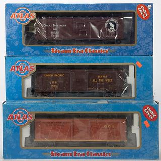Atlas O Gauge. Box Cars - GN, Roscoe, Snyder & Pacific, UP