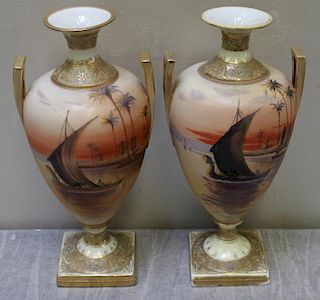 Pair Of Nippon Decorated Porcelain Urns