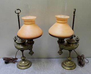 Fine Quality Pair of Bronze Oil Lamps with shades.