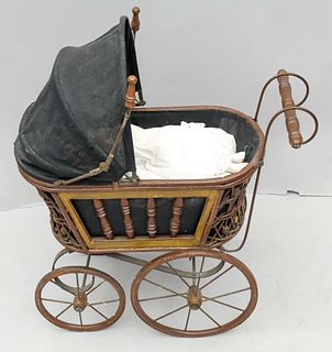 Antique Child's Play Pram With Bisque Doll