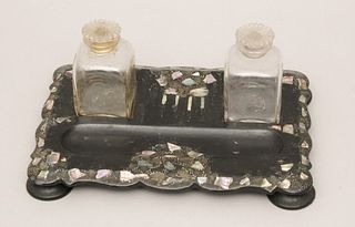 Victorian Black Lacquer & Mother of Pearl Inkwell