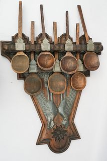 Large Old Carved Wood & Tin Folk Art Spoon Rack