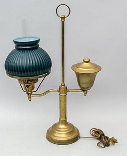 Heavy Brass Antique Student Lamp with Green Glass