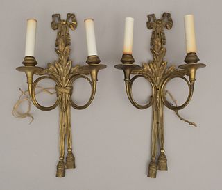 Pair of Bronze or Gilt Brass Ribbon & Leaf Sconces