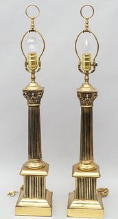 Pair of Brass Corinthian Column Table Lamps