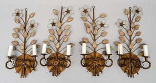 Set of 4 Brass & Crystal Foliate Sconces